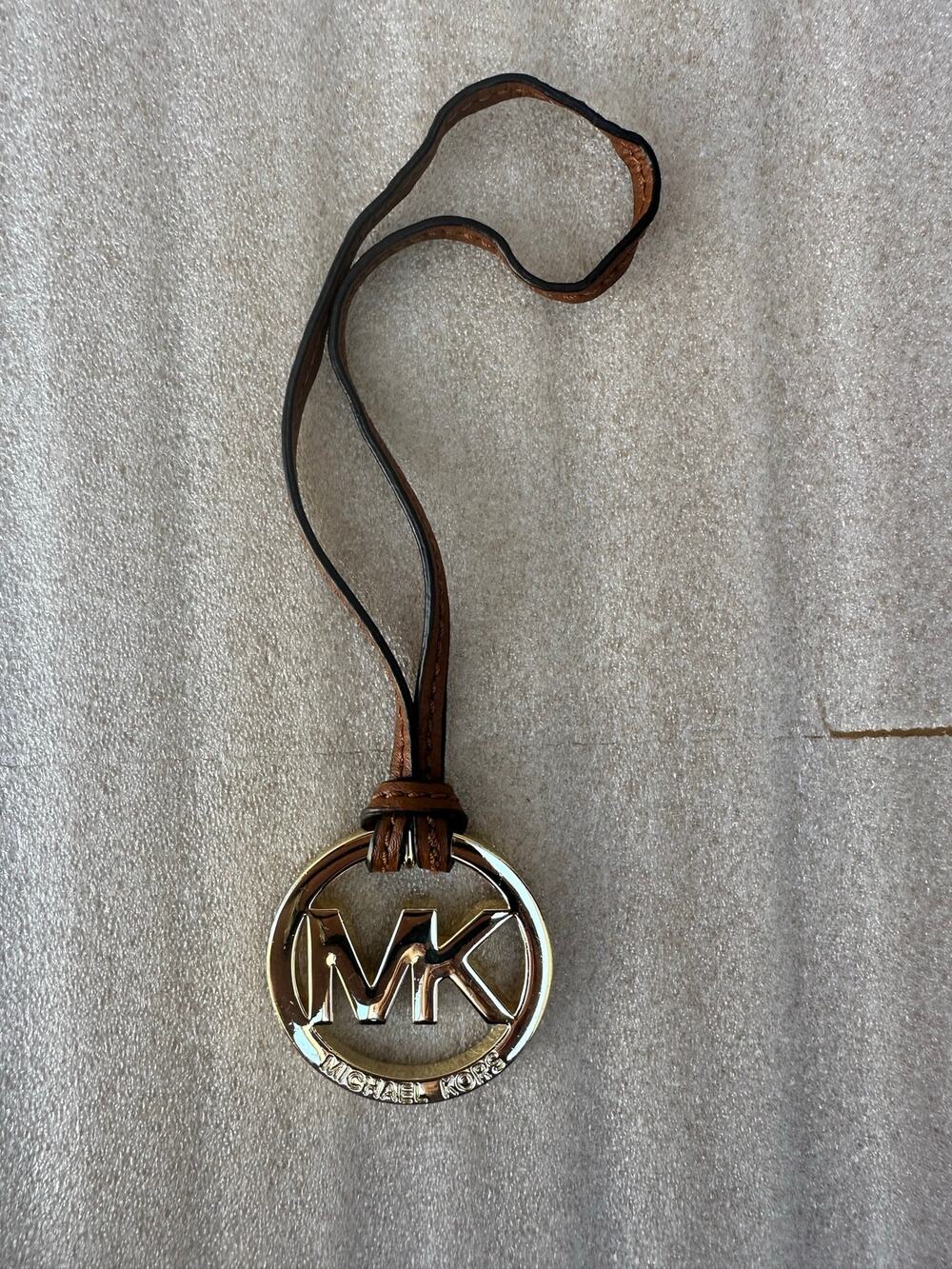 Michael Kors Gold Tone MK Logo Leather Loop Bag Charm Key Fob Luggage Tag Brown